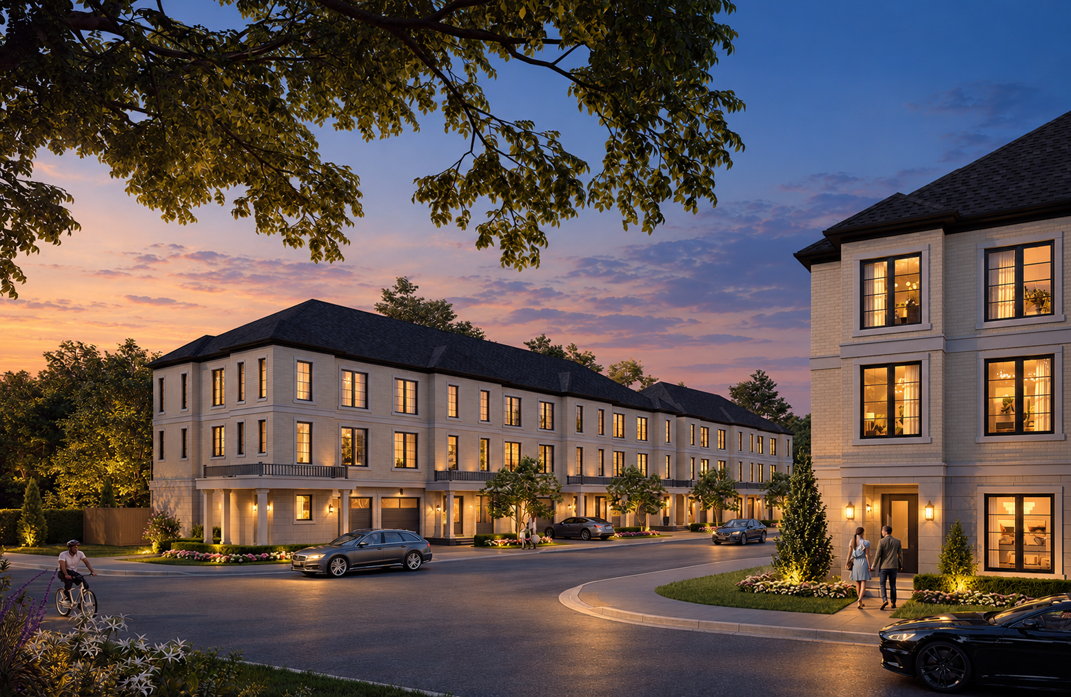 Executive townhomes at dusk